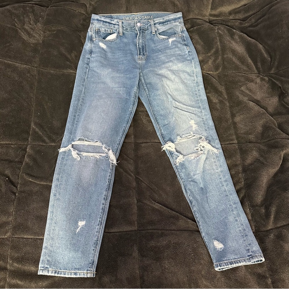 American Eagle Distressed Ripped Blue Mom Jeans